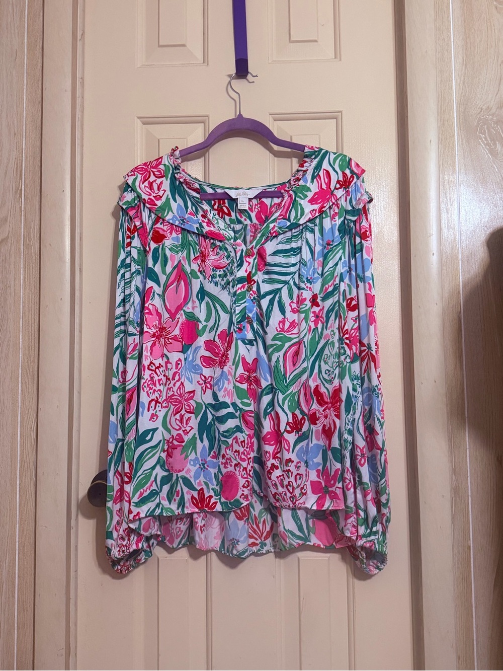 Lilly Pulitzer Bright Floral Ruffle-Trim Blouse - Pink, Green, Blue
